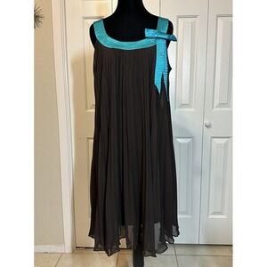 GNW Dress Womens Size 8 Accordion Chiffon Brown Teal  Bow Sleeveless Party Dress